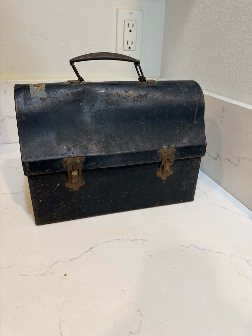 Vintage Mid-Century Black Metal Dome Top Workman's Lunchbox with Star Detail